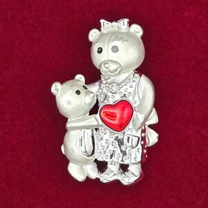 Danecraft Silver‎ Tone Mother and Cub Teddy Bear Red Heart Brooch Pin Vintage